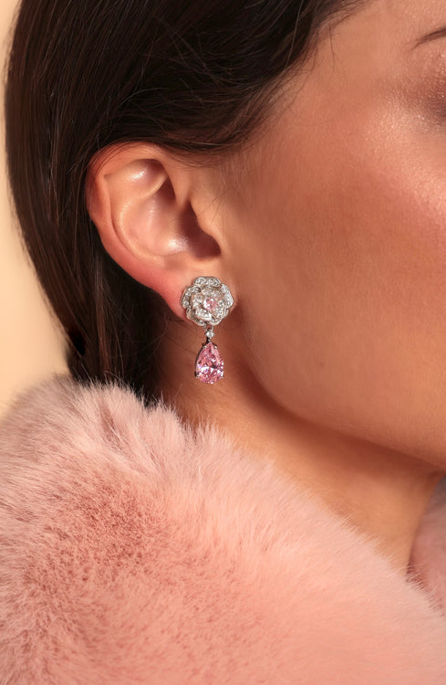 'Baroness' Flower and Pink Crystal Drop Silver Earrings