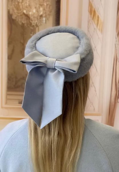'Wonderland' Pillbox Hat with Silk Bow in Blu