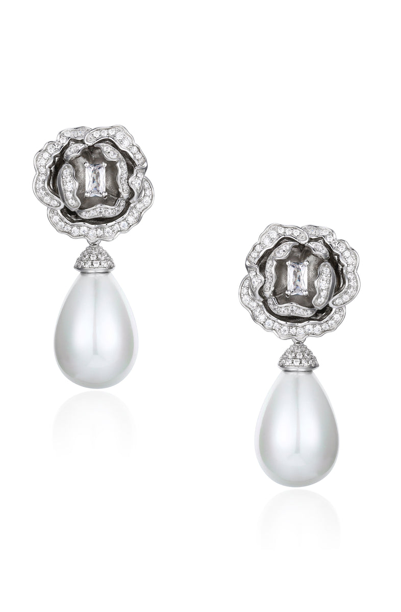 【STONEHENgE】Silver Material Pearl Cubic Flower Earrings Amazon.com: Blooming Flower Drop Cubic Zirconia Big Round