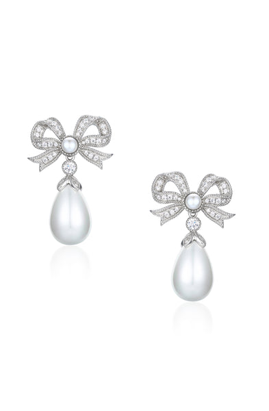 'Queen' Bow and Pearl Drop Silver Earrings