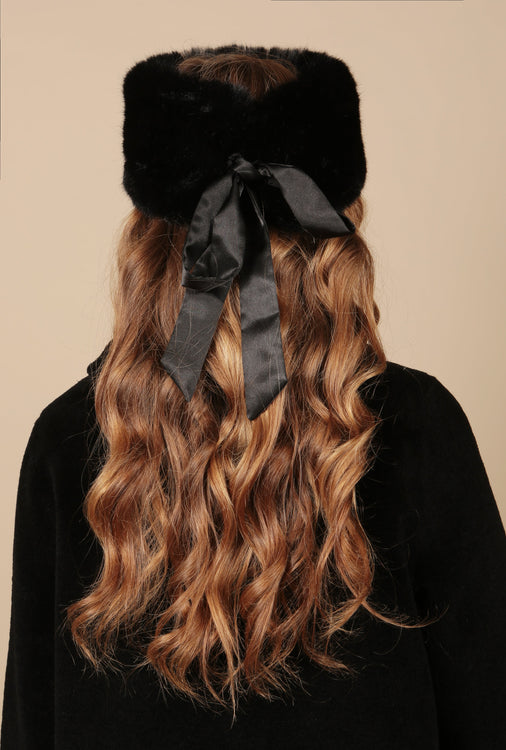 'Harlow' Faux Fur Headband with Satin Bow in Nero