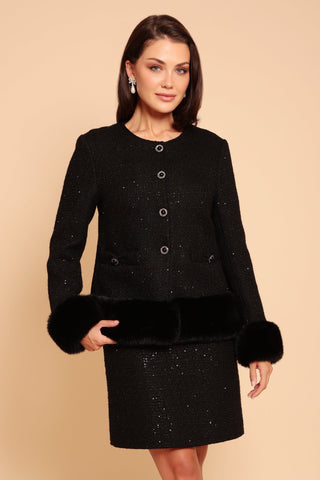'Parisienne' Wool Tweed Blazer Coat with Faux Fur in Nero
