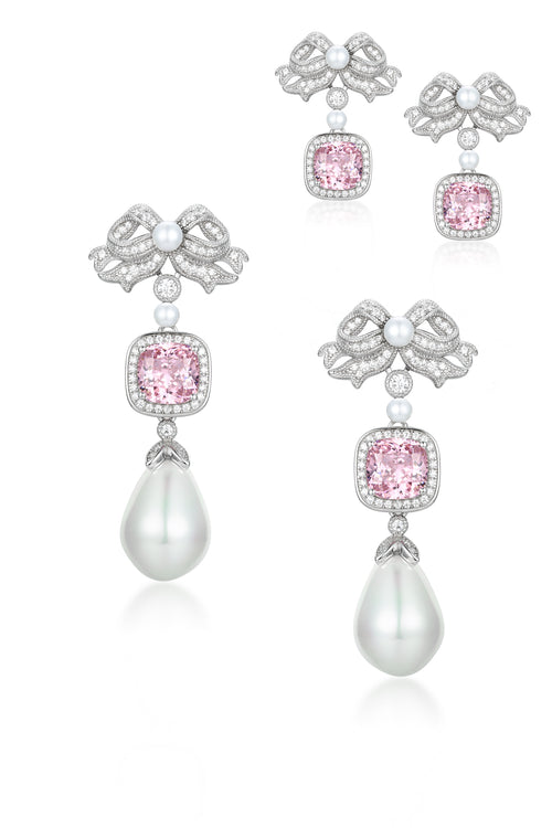 'Marie Antoinette' Pink Cushion-Cut Crystal and Bow Silver Earrings
