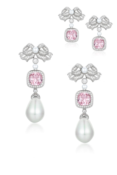 'Marie Antoinette' PINK Cushion-Cut Crystal and Bow Silver Earrings