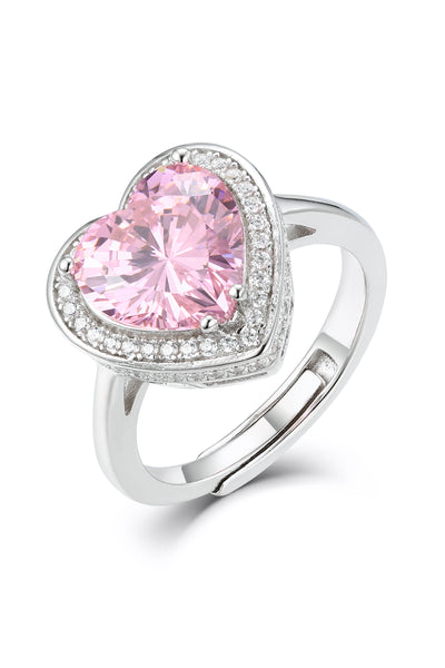 'Princess' Pink Crystal Heart Silver Ring