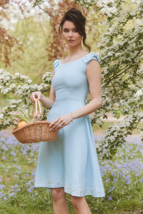 ‘Rose’ Midi Linen Dress with Boat Neckline in Blu