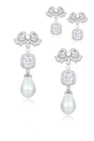 Open image in slideshow, &#39;Marie Antoinette&#39; Cushion-Cut Crystal and Bow Silver Earrings
