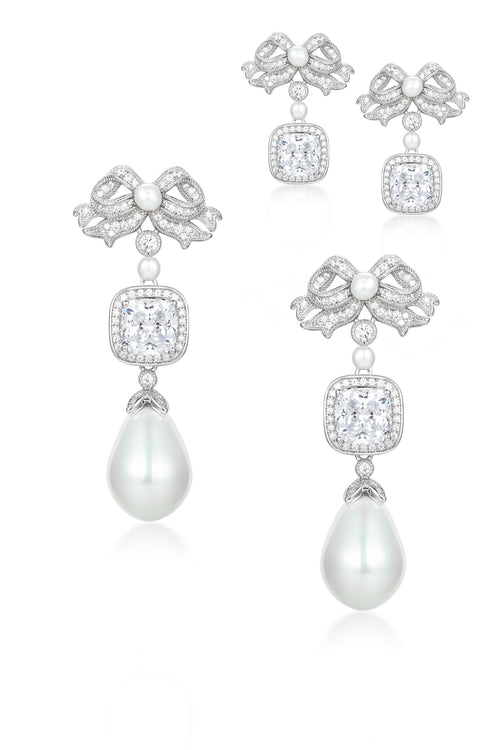 'Marie Antoinette' Cushion-Cut Crystal and Bow Silver Earrings