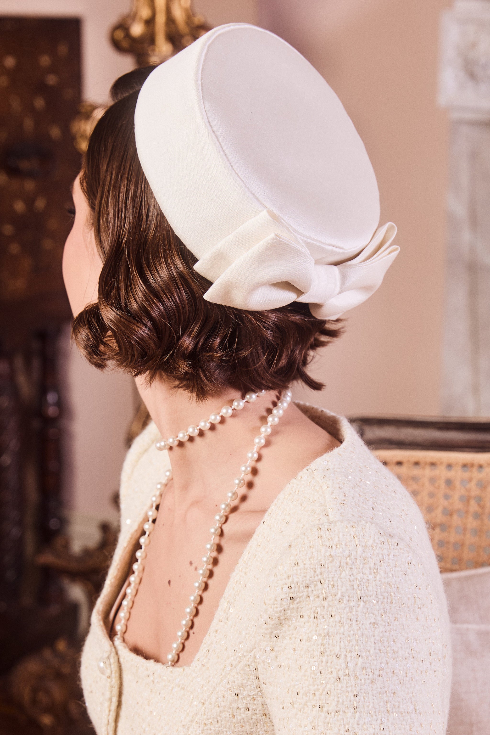 White satin pillbox hat with decorative bow detail Bridal Pillbox Hat with Veil and Bow - ALENA main image 2