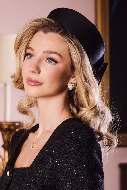 🎁 ‘Windsor’ Silk and Wool Pillbox Hat with Bow in Nero (10% off)