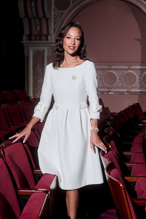 ‘Intermezzo’ Wool Tweed Dress with Silk Taffeta Bows in Bianco