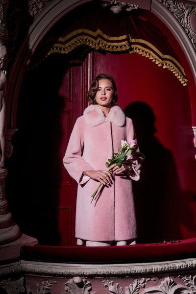 'Encore' Wool and Faux Fur Teddy Coat in Rosa
