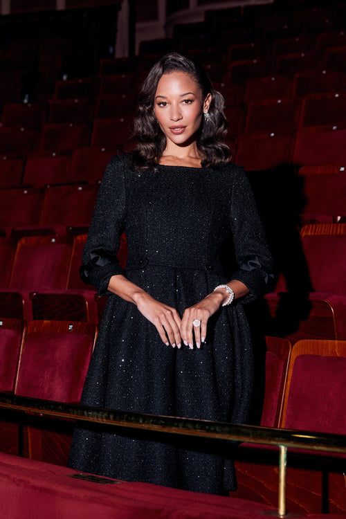 ‘Intermezzo’ Wool Tweed Dress with Silk Taffeta Bows in Nero