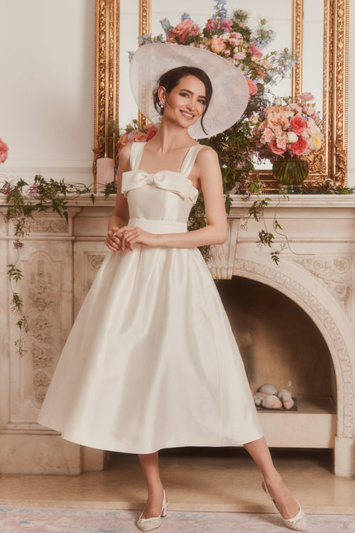 ‘Lily Of The Valley’ Tea-Length Silk & Wool Gown in Bianco
