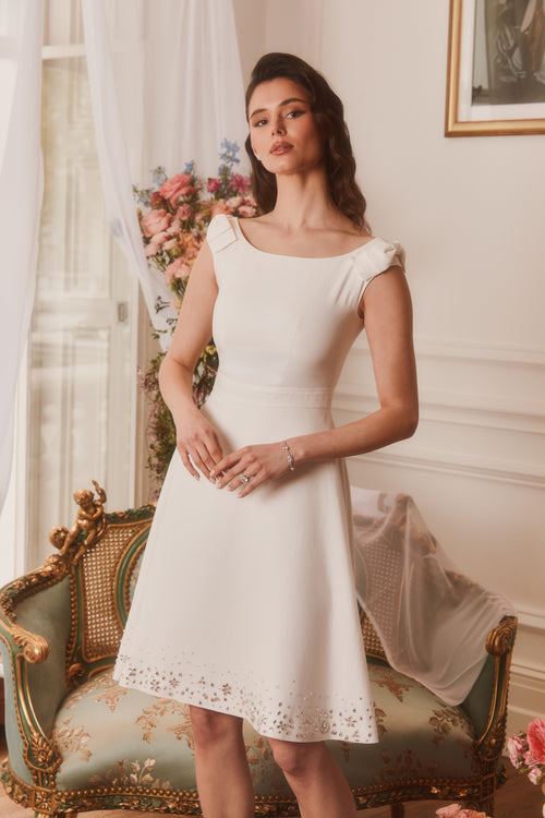 ‘Rose’ Midi Linen Dress with Boat Neckline in Bianco