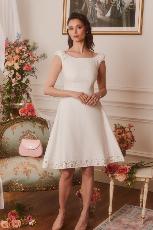 ‘Rose’ Midi Linen Dress with Boat Neckline in Bianco