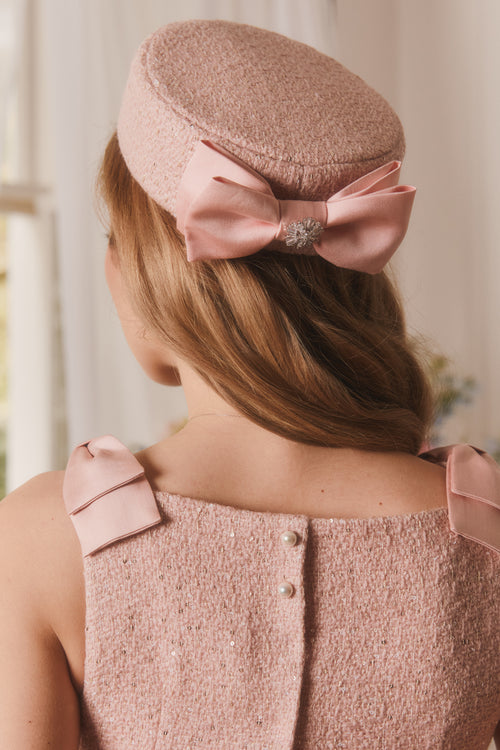 ‘Amour’ Woollen Tweed Pillbox Hat with Silk Bow Rosa