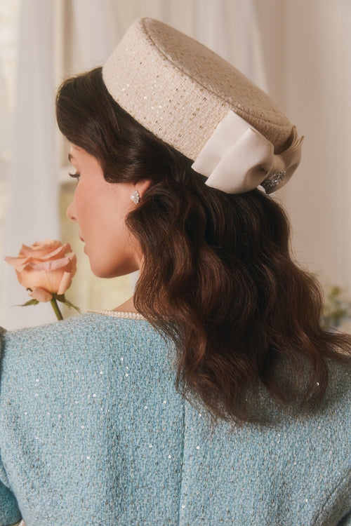 ‘Amour’ Woollen Tweed Pillbox Hat with Silk Bow Bianco