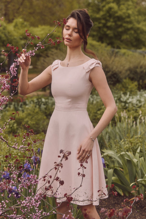 ‘Rose’ Midi Linen Dress with Boat Neckline in Rosa