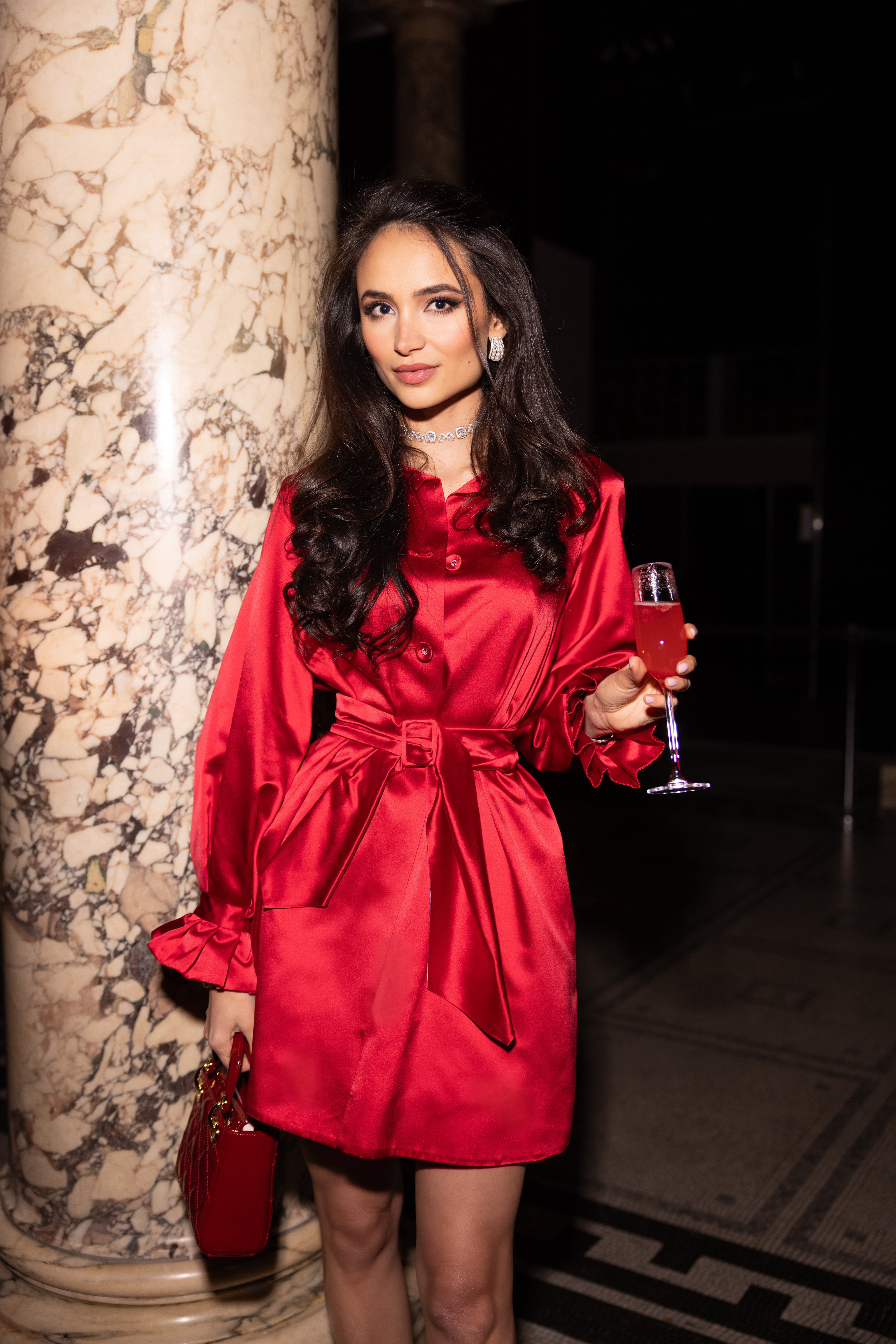 Elegant Red Silk Duchess Evening Women's Coat | Buttons with Swarovski Crystal | Regal Balloon Sleeves | Golightly Limited Edition | Santinni Elegant Red Silk Duchess Evening Women's Coat | Buttons with Swarovski Crystal | Regal Balloon Sleeves | Golightly Limited Edition | Santinni