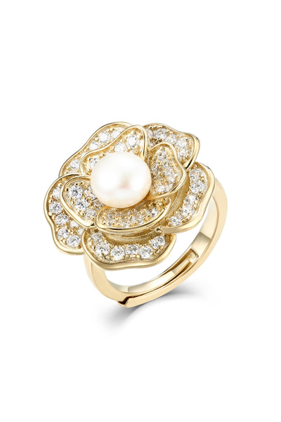 'Tsarina' Flower and Freshwater Pearl Gold-Plated Silver Ring