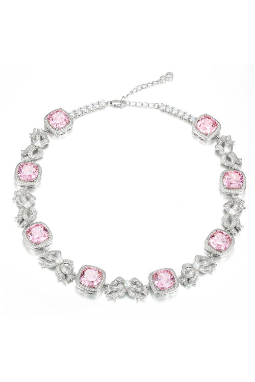 'Marie Antoinette' Pink Cushion-Cut Crystal and Bow Silver Choker