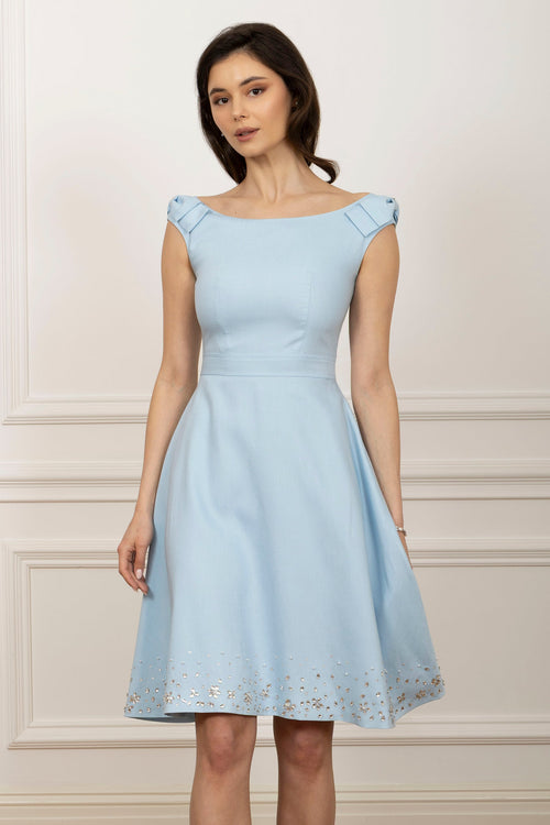 ‘Rose’ Midi Linen Dress with Boat Neckline in Blu