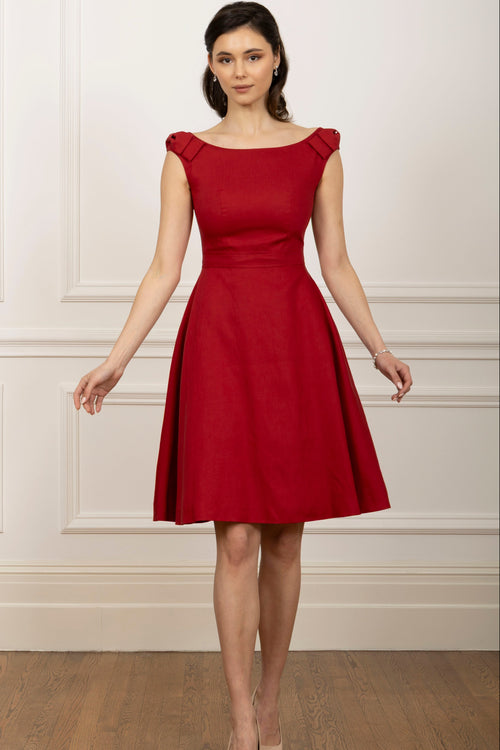 ‘Rose’ Midi Linen Dress with Boat Neckline in Rosso