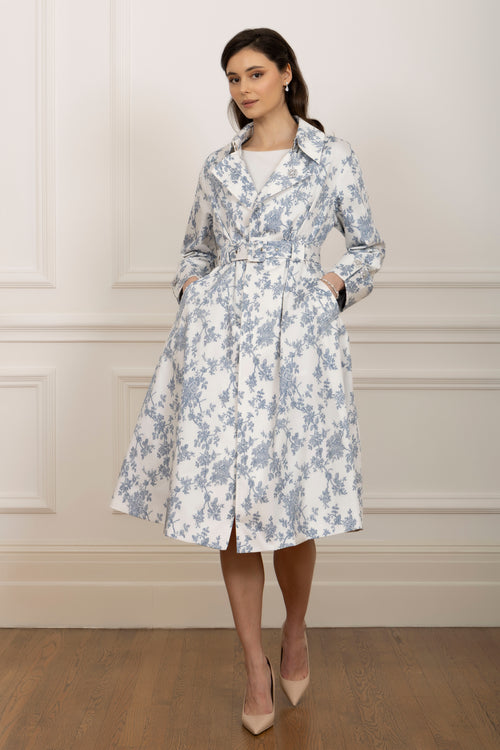 ‘Bluebell’ Belted Cotton Toile Trench Coat in Blu