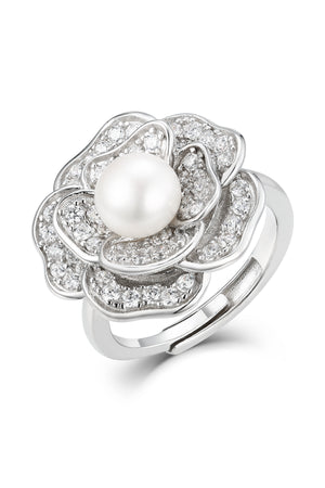 Open image in slideshow, &#39;Tsarina&#39; Flower and Freshwater Pearl Silver Ring
