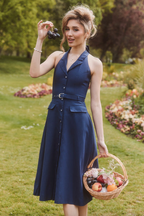 ‘Camellia’ Halterneck Linen Dress in Marino