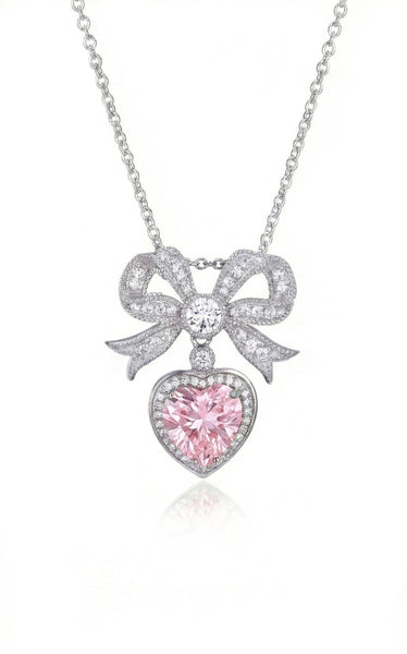 'Princess' Bow and Crystal Heart Silver Pendant