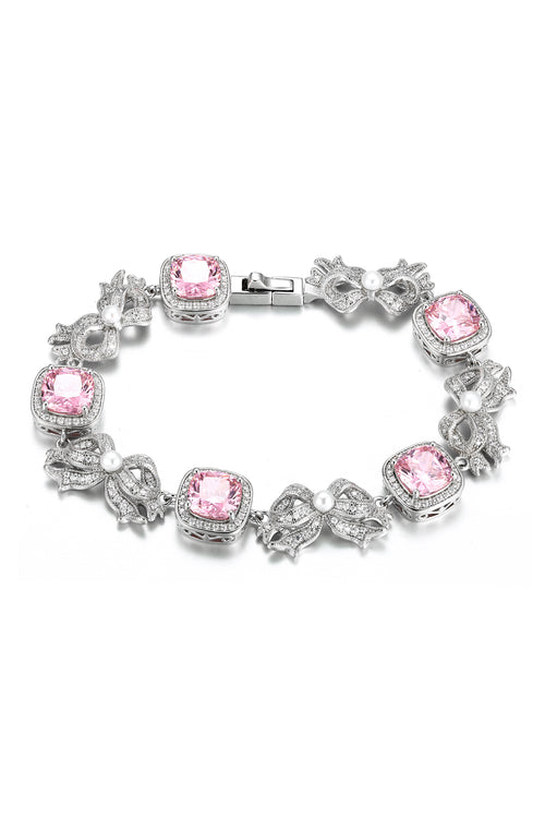 'Marie Antoinette' Pink Cushion-Cut Crystal and Bow Silver Bracelet