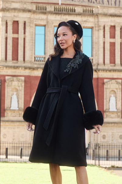 'Spotlight' Wool and Cashmere Belted Coat with Faux Fur Cuffs in Nero