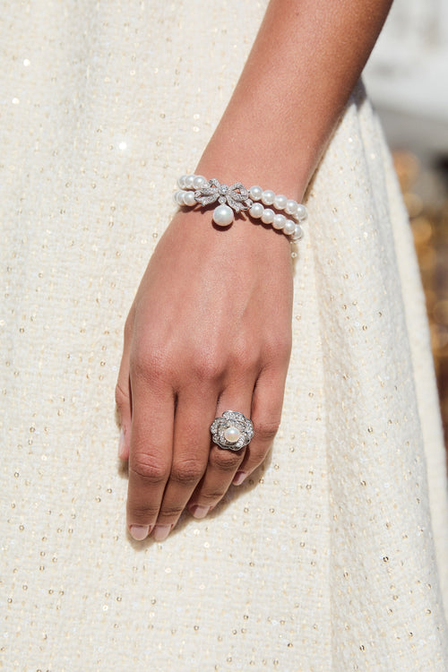 'Tsarina' Flower and Freshwater Pearl Silver Ring