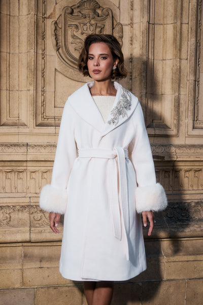 'Spotlight' Wool and Cashmere Belted Coat with Faux Fur Cuffs in Bianco