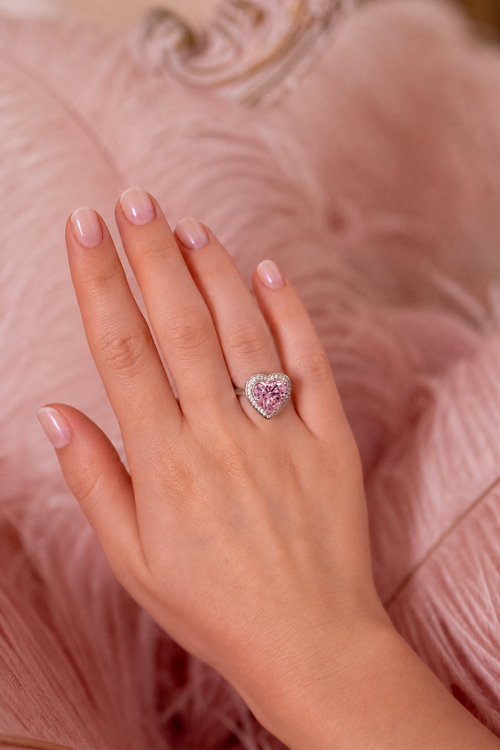 'Princess' Pink Crystal Heart Silver Ring