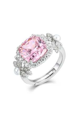 'Marie Antoinette' Pink Crystal and Bow Silver Ring