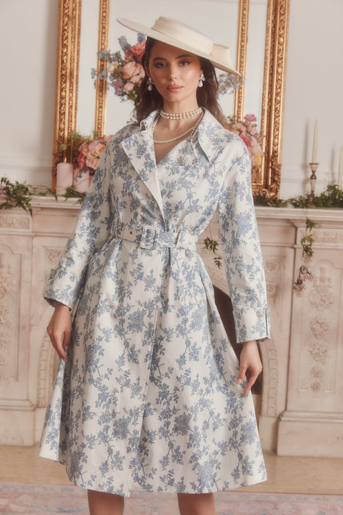 ‘Bluebell’ Belted Cotton Toile Trench Coat in Blu