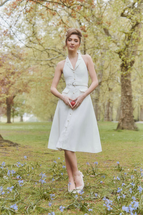 ‘Camellia’ Halterneck Linen Dress in Bianco