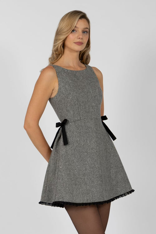 ‘Chelsea’ Wool Tweed Dress with Faux Fur Trim in Grigio