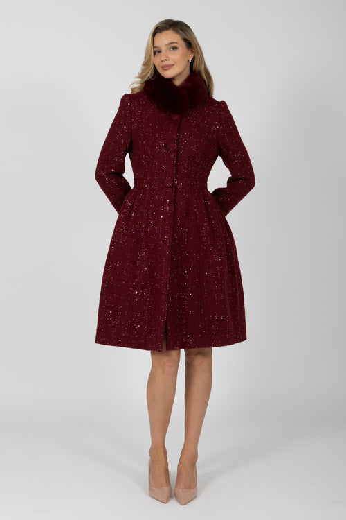 'Starlet' Wool Tweed Dress Coat with Faux Fur in Rosso