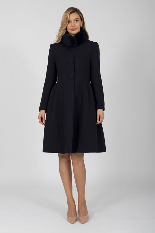 'Starlet' Wool Tweed Dress Coat with Faux Fur in Navy