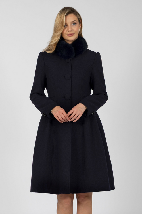 'Starlet' Wool Tweed Dress Coat with Faux Fur in Navy