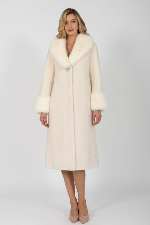 'Sunset Boulevard' Long Wool Coat with Faux Fur Collar in Bianco