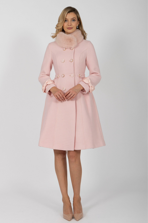 ‘Ballerina’ Wool Tweed Coat with Faux Fur in Rosa