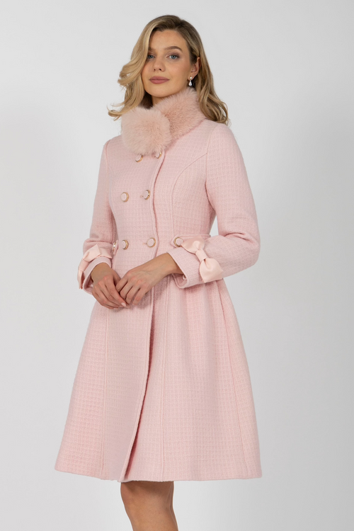 ‘Ballerina’ Wool Tweed Coat with Faux Fur in Rosa