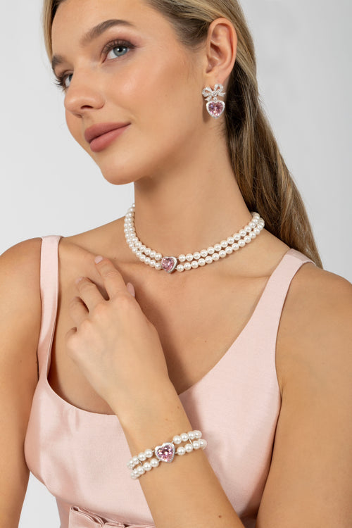 ‘Princess’ Double Strand Pearl Necklace with Pink Heart