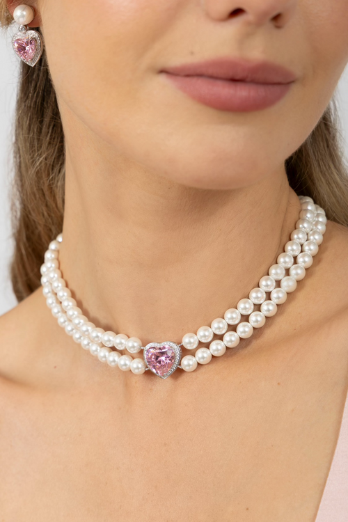 ‘Princess’ Double Strand Pearl Necklace with Pink Heart