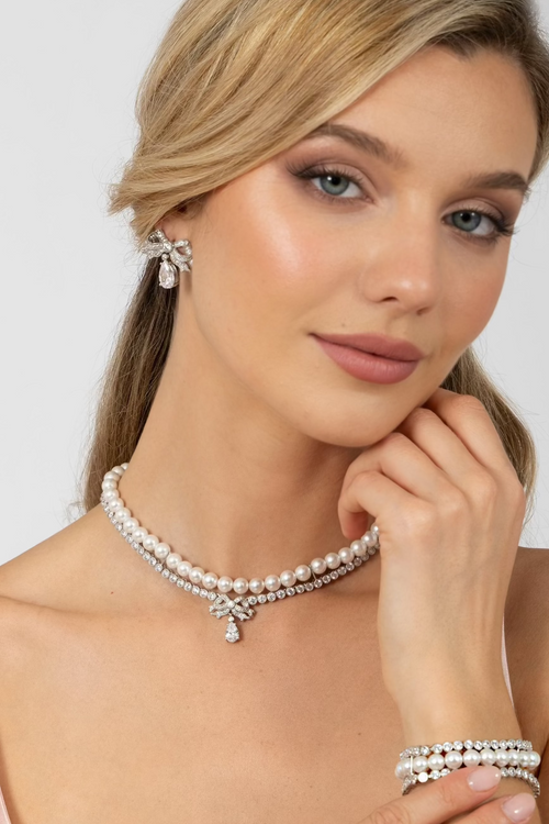 ‘Felicity’ Silver Pearl Necklace with Bow